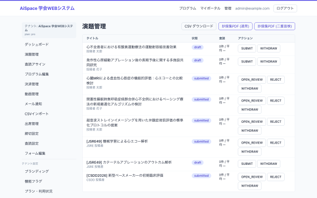 採否管理画面のモックアップ｜事務局・運営会社が参加・入金・演題・査読・通知を横断管理する場面。