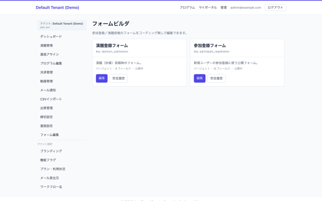 問い合わせ管理画面のモックアップ｜事務局・運営会社が参加・入金・演題・査読・通知を横断管理する場面。
