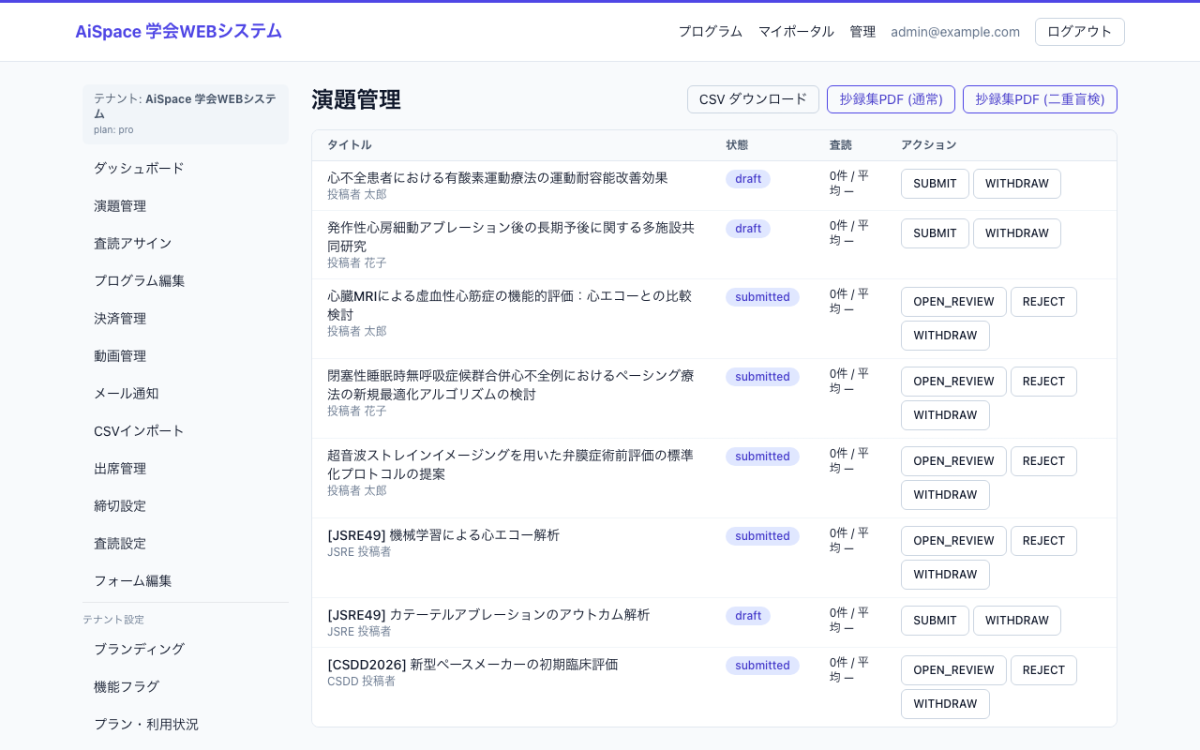 採否管理画面のモックアップ｜事務局・運営会社が参加・入金・演題・査読・通知を横断管理する場面。