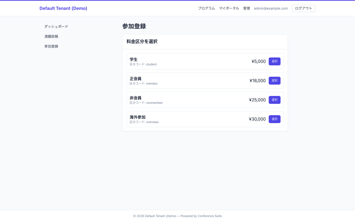 決済確認画面のモックアップ｜参加者が大会前〜会期中に、公開サイト・マイページで手続きや情報確認を行う場面。